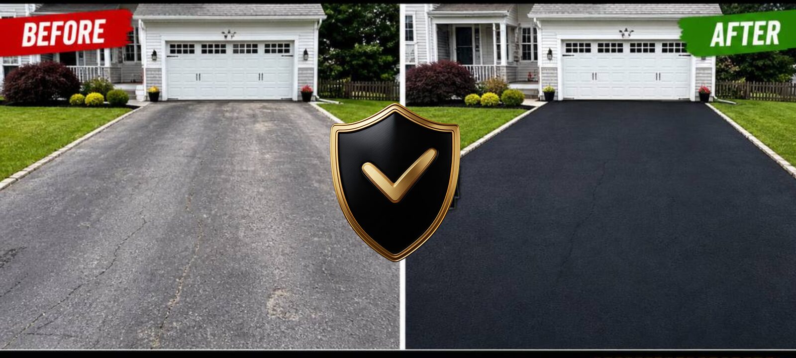 Before and after driveway sealcoating in Carroll & Howard County, MD — faded, cracked asphalt restored to a deep black finish